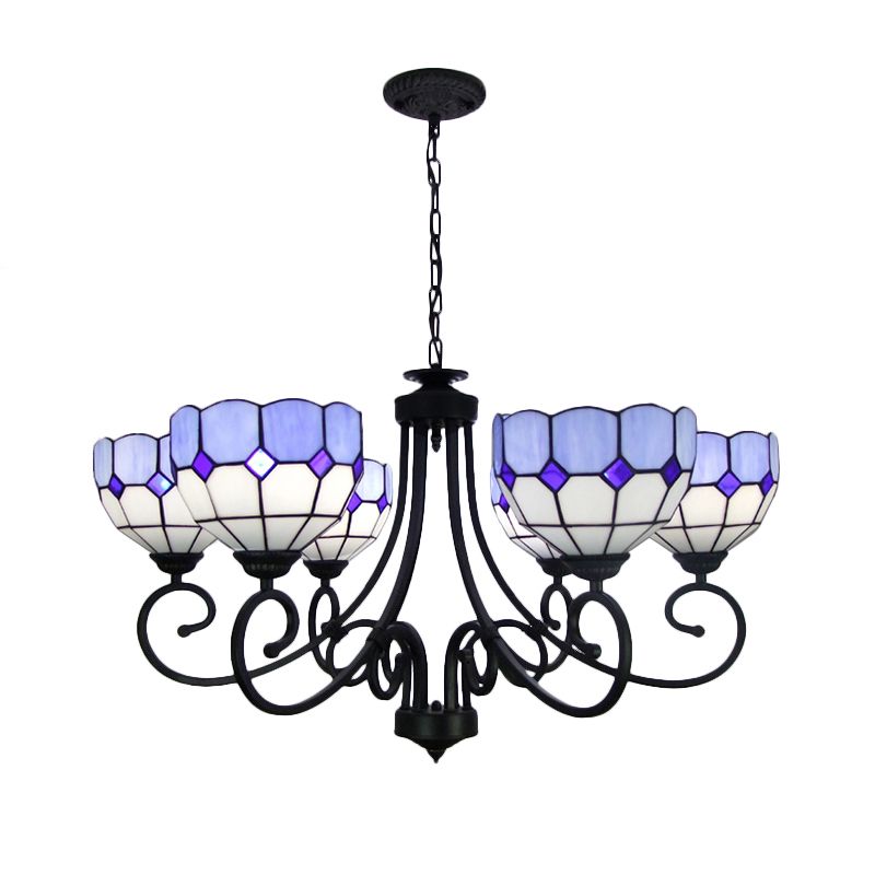 Mediterranean Chandelier Light with Stained Glass Bowl Shade Multi Light for Foyer Pendant Light