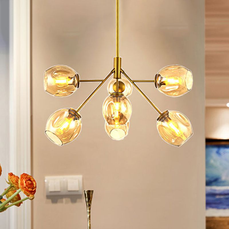 7/9/13 Lights Branch Chandelier Post Modern Amber Glass Shade Hanging Lamp in Gold