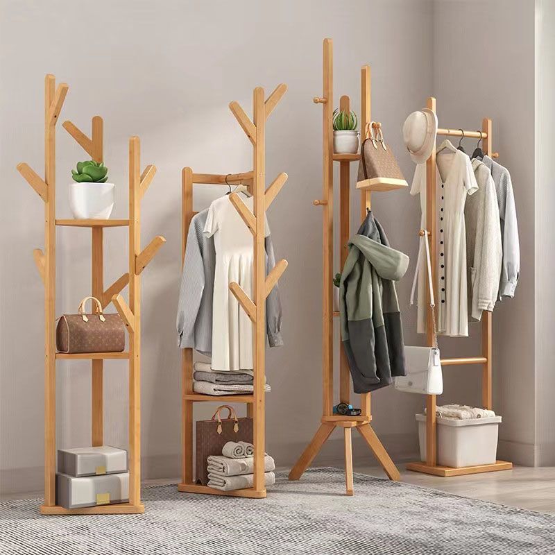 Contemporary Wood Entry Hall Tree Standing Coat Rack with Hooks