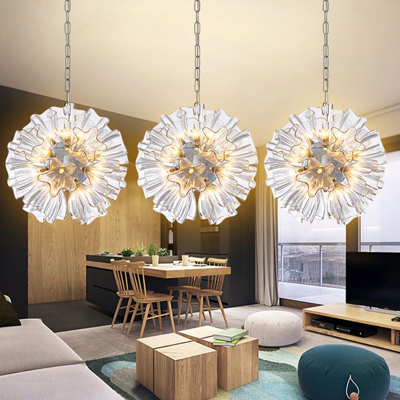 Star Clear Glass Chandelier Lighting Contemporary 19-Bulb Chrome Suspension Lamp with Blossom Design