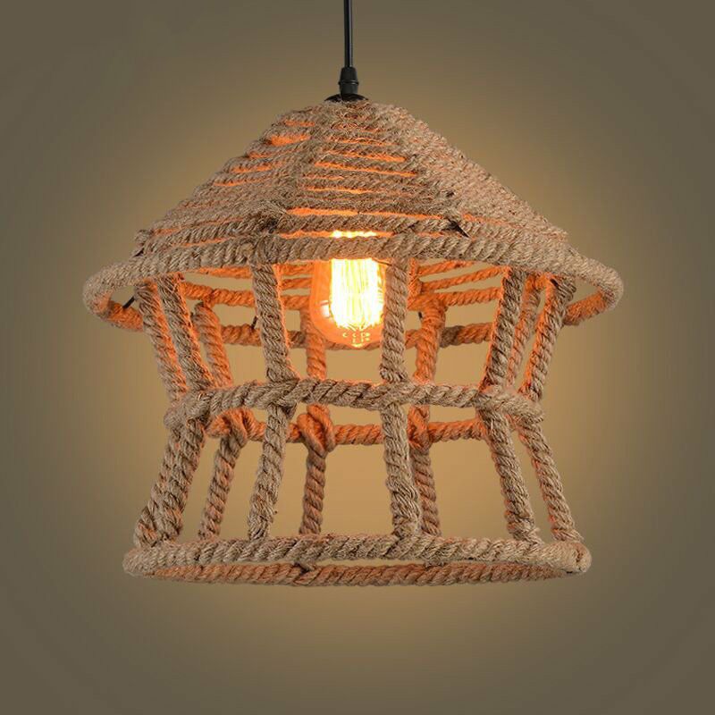 1 Head Suspension Lighting Retro House Shaped Hemp Rope Pendant Ceiling Light in Brown