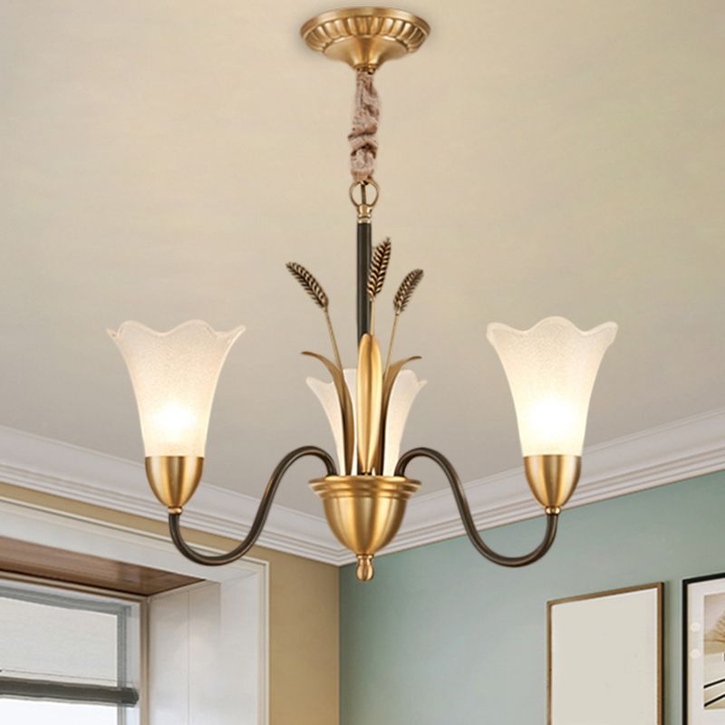 Traditional Blossom Chandelier Lamp 3/6 Heads Cream Glass Suspension Lighting Fixture with Curved Arm in Brass