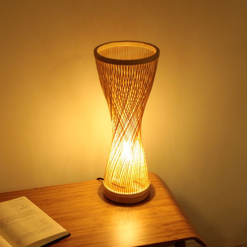 Hourglass Nightstand Lamps Asian Style Bamboo Single Head Wood Desk Light for Bedroom