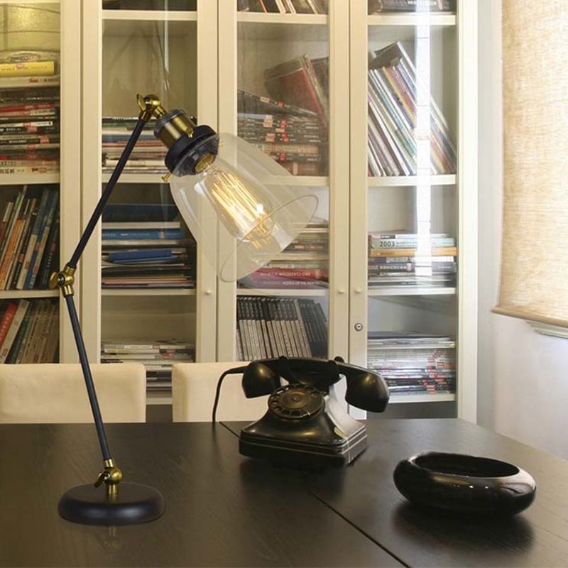 Black One Light Desk Lighting Industrial Clear Glass Tapered Reading Lamp with Swing Arm