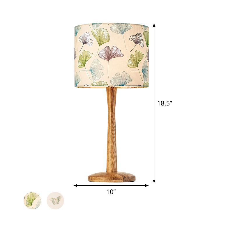 Wood Barrel Study Lamp Modernism 1 Head Fabric Task Lighting with Butterfly/Flower Pattern