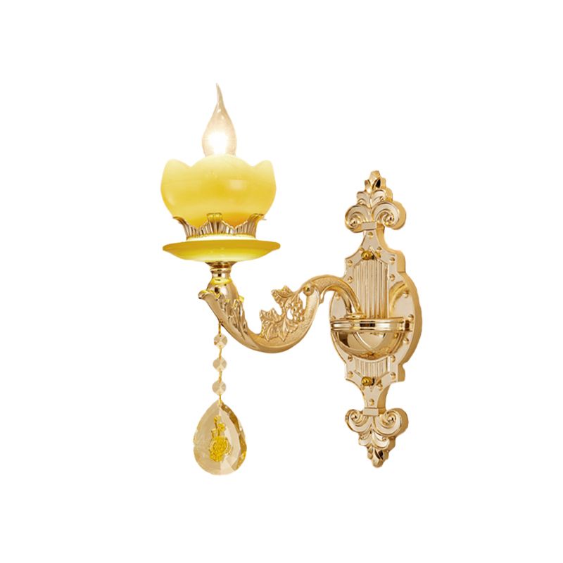 Gold Candle Wall Light Fixture Mid-Century Jade 1-Bulb Bedroom Wall Sconce with Crystal Draping