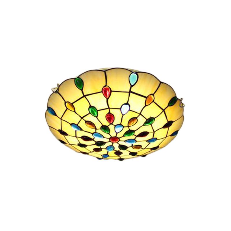 Beige/Yellow Bowl Flush Mount Light Rustic Loft Stained Glass 12"/16"/19.5" W Bedroom Flush Ceiling Light with Jewel Decoration