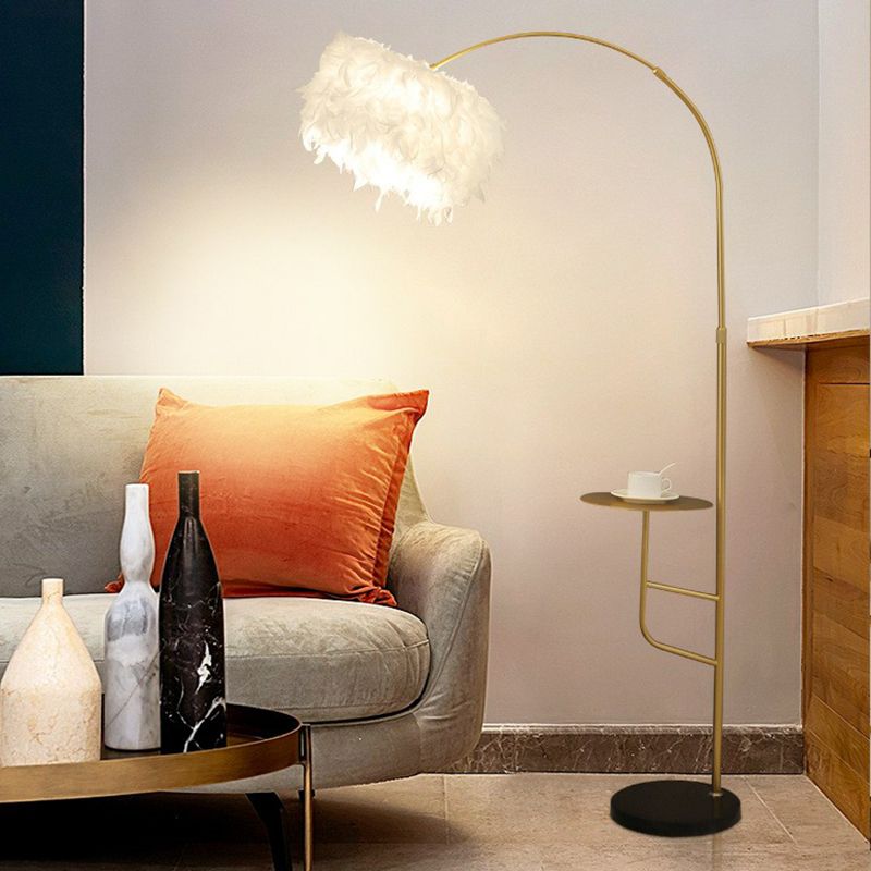 Postmodern Drum Floor Lamp Feather Single Living Room Standing Light with Table and Arc Arm