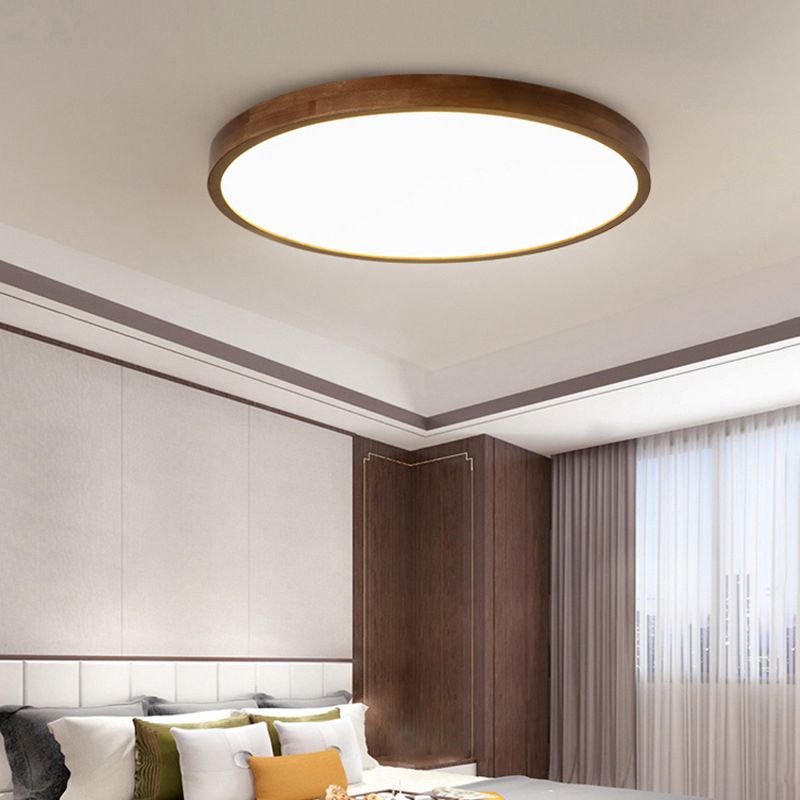 1-Light Round Flush Ceiling Lights Modern Wood Flush Mount in Brown