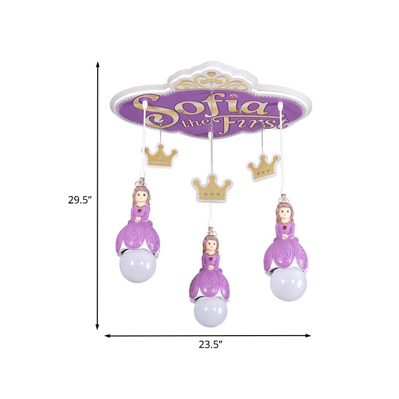 Purple Princess Crown Ceiling Light Cartoon 3 Heads Metal Cluster Pendant Lamp for Nursery