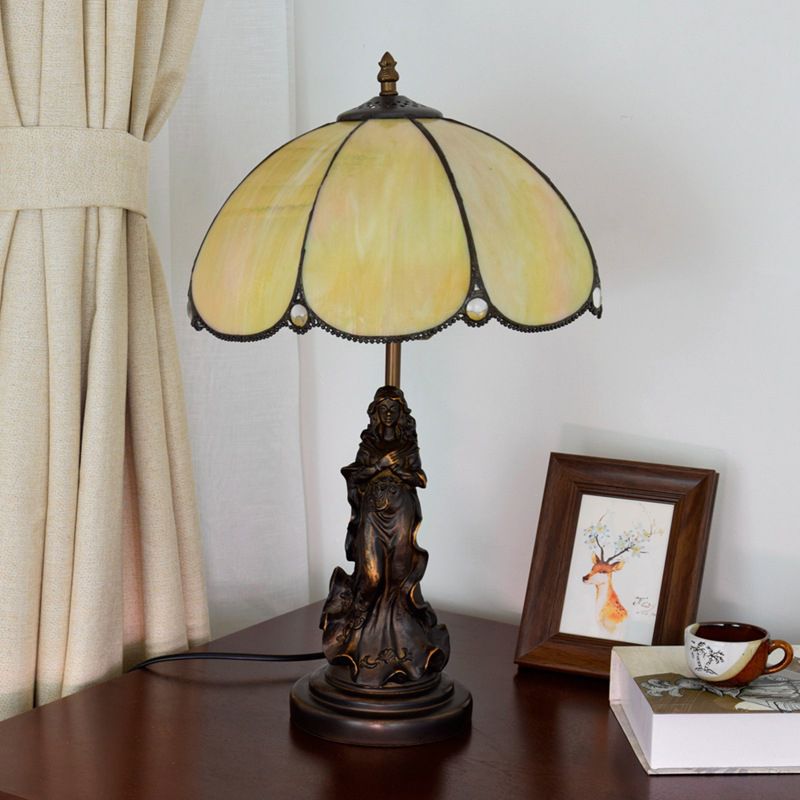 Baroque Petals Nightstand Lamp Single-Bulb Yellow Glass Table Lighting with Carved Lady Base