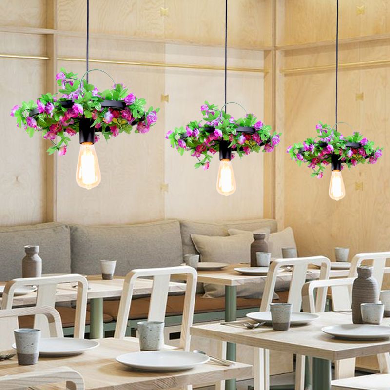 Lampada a sospensione a 1 testa a sospensione a sospensione Vintage Black Metal LED Flower Hanging Lampada per ristorante