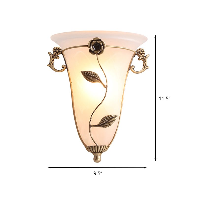 1 Bulb Cone Sconce Lamp Tradition Opal Glass Wall Lighting Fixture in Brass with Flower