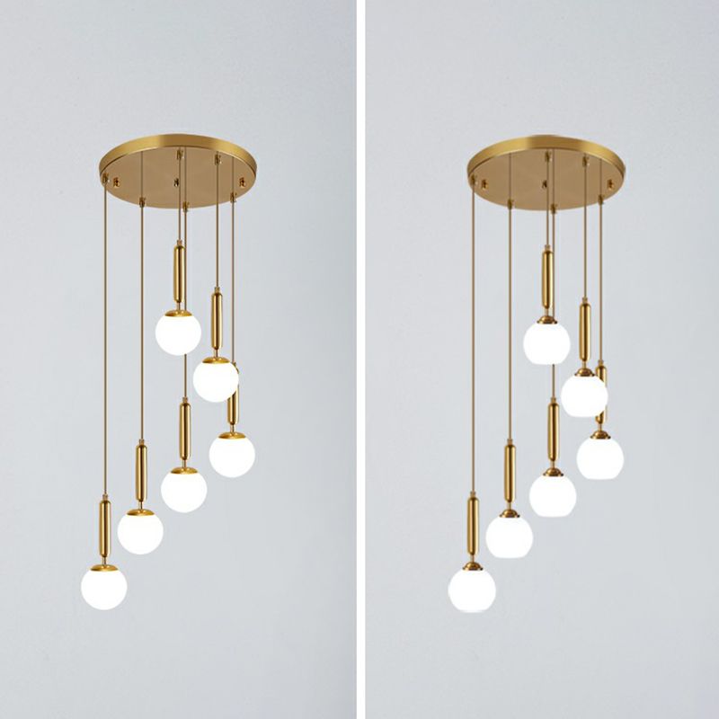 Minimalist Ball Pendant Lighting White Glass Stairway Multi Hanging Light Fixture in Gold