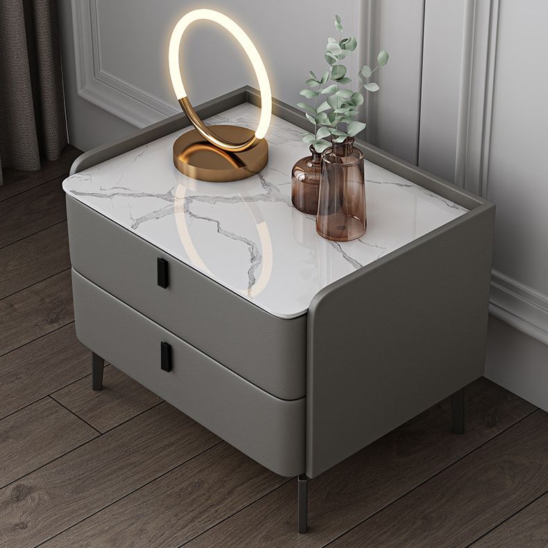 Modern Bed Nightstand Stone Accent Table Nightstand Cabinet with 2-drawer