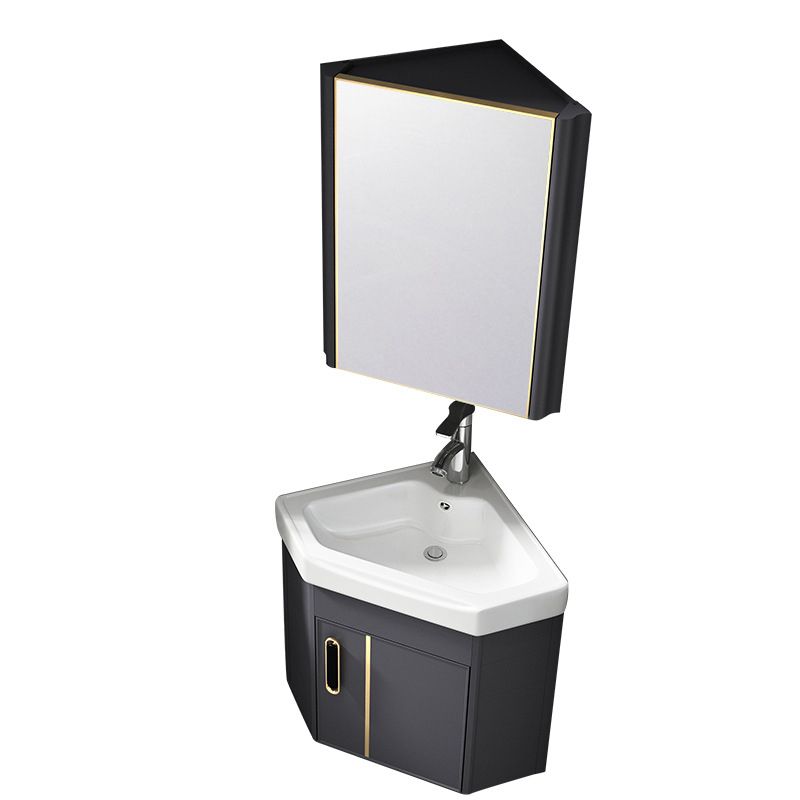 Wall Mounted Corner Vanity Triangular Single Sink Mirror Metal Frame Bath Vanity with Door