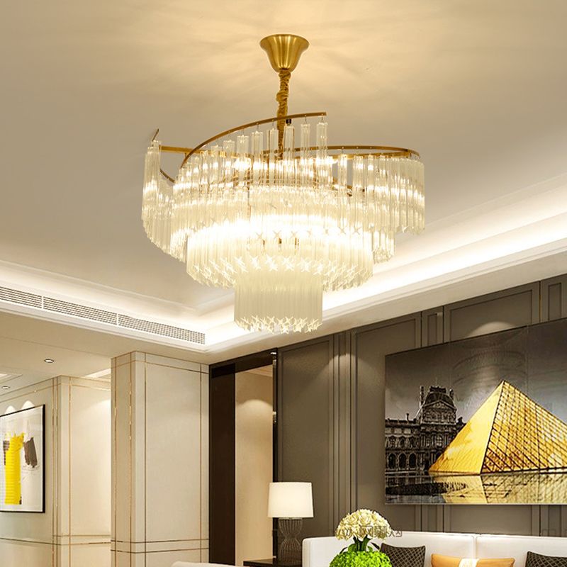 8-Bulb Living Room Chandelier Lighting Gold LED Pendant Light Fixture with Tiered Crystal Rod Shade