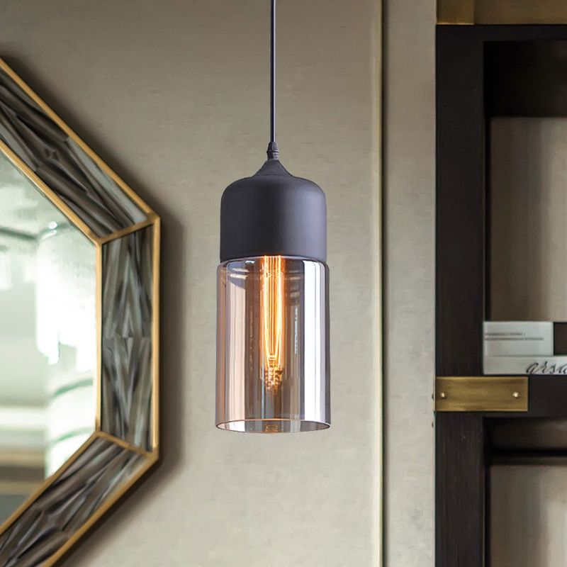 Cylinder Pendant Lighting Industrial 1 Light Brown Glass Hanging Ceiling Light in Black, 5"/7"/8" Wide