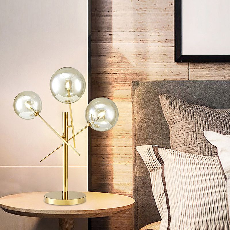 Sphere Silver Glass Night Lighting Modern 3 Heads Gold Rotatable Nightstand Lamp for Bedroom