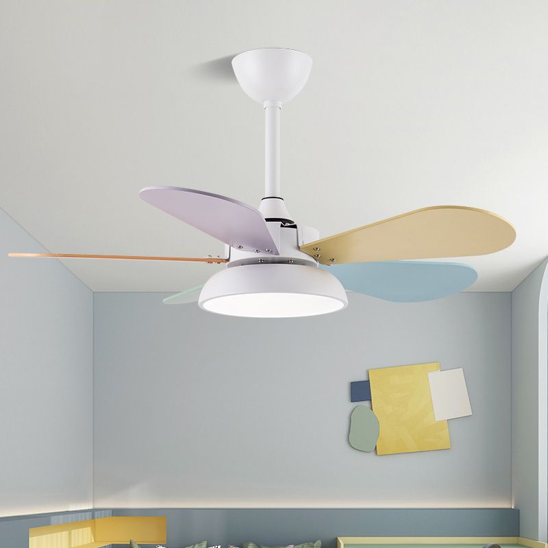 Colorful Round Hanging Fan Light Macaron Style Metal Bedroom LED Semi Flush Mount Lampe