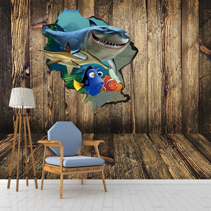 Cartoon Kids Wallpaper Murals with Tropical Fish Outside the Cabin Pattern Brown Wall Art