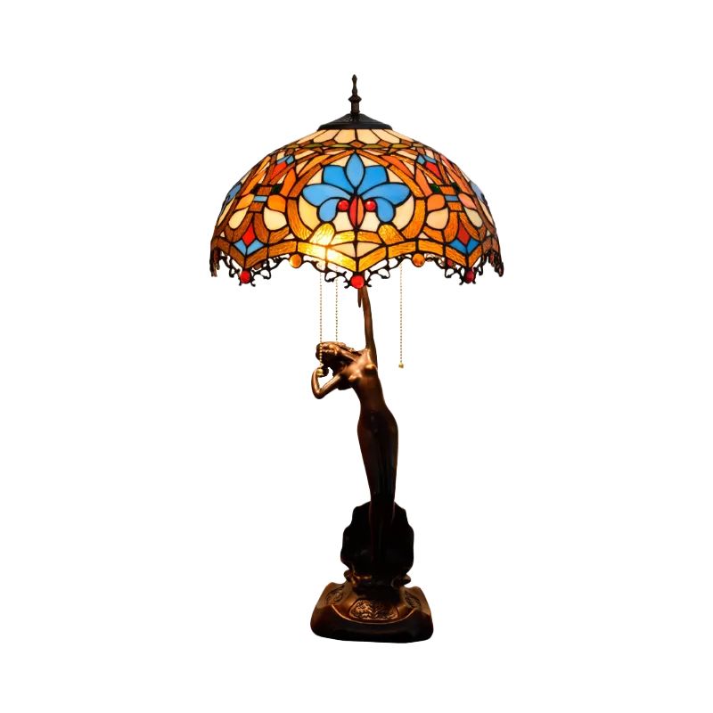 Resina Caffè Pullo-Chain Night Stand Light Lady Statue Lampada da tavolo Tiffany con pappagallo blu-marrone/trellis Giallo-nero in vetro bianco