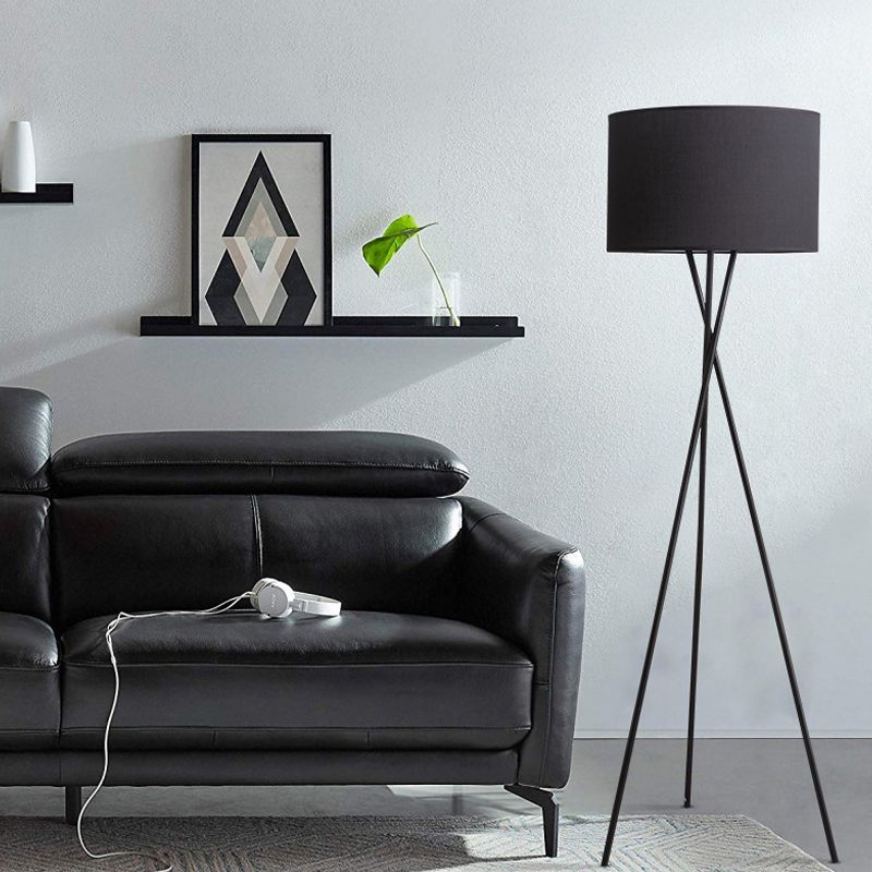 Drum Shade Floor Reading Lamp Simplicity Fabric 1 Light White/Black Tripod Standing Floor Lamp