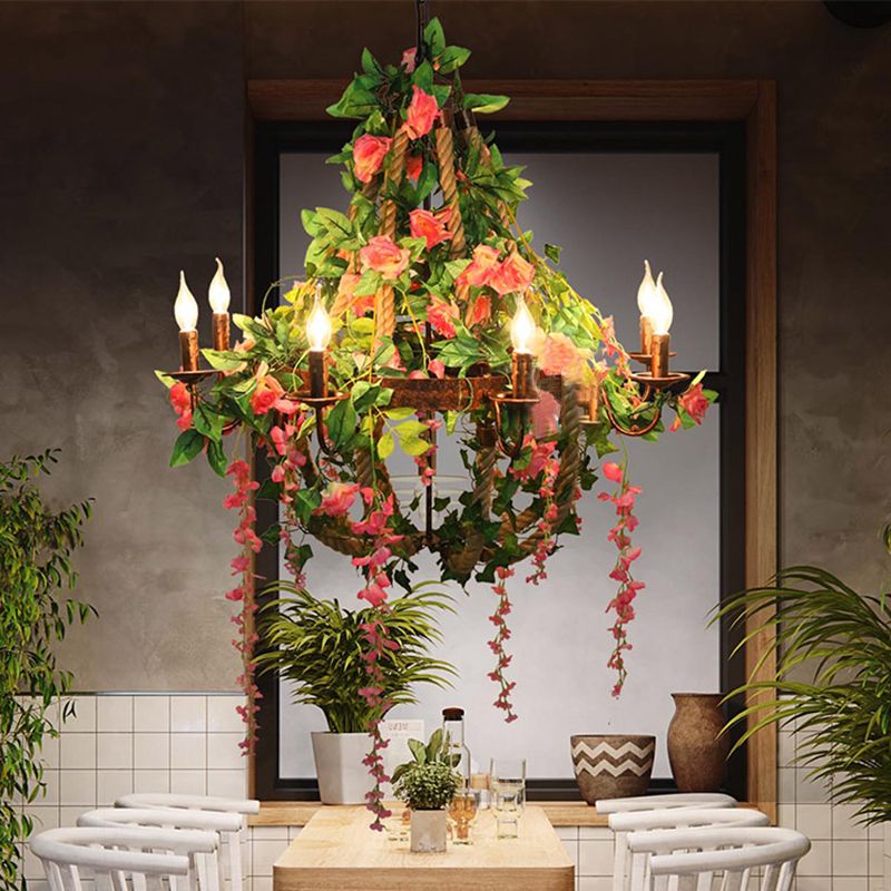 Restaurante de velas Rose Candelier Light Industrial 6 Bulbos LED óxido Luz colgante de la lámpara