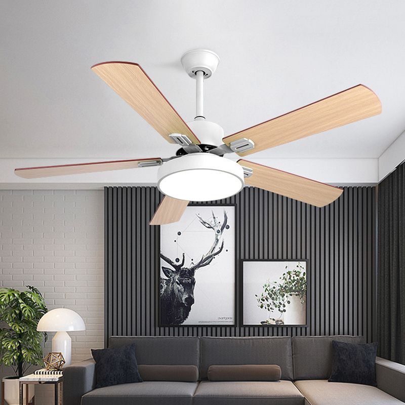 Circle Bedroom Ceiling Fan Lighting Modernism Metal LED Grey/White Semi Flush Mount Light Fixture with 5 Wood Blades, 52" Width