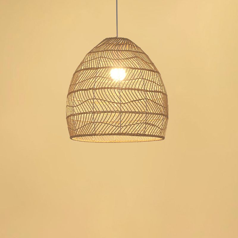 Handwoven Dome Pendant Light Fixture Chinese Rattan Fiber 1-Light Ceiling Light for Dining Table