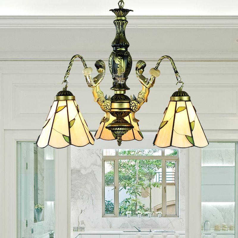 Beige 3 Lights Chandelier Light Fixture Tiffany Cut Glass Mermaid Pendant Lamp for Dining Room