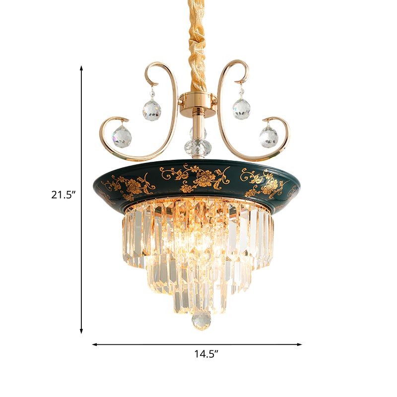 Tiered Tapered Crystal Down Lighting Modernism 3-Light Dining Table Chandelier Pendant with Flower Edge in Green