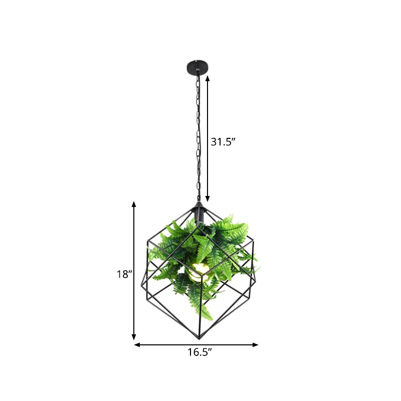 16.5 "/19.5" W 1 kop metalen hanger lamp Antiek zwart geometrisch restaurant Led naar beneden verlichting met plant