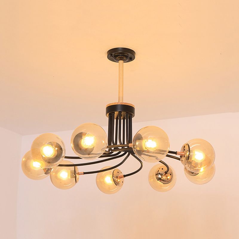 Round Ceiling Chandelier Modern Style Blue/Amber Glass 9 Lights in Gold/Black Hanging Lamp Kit