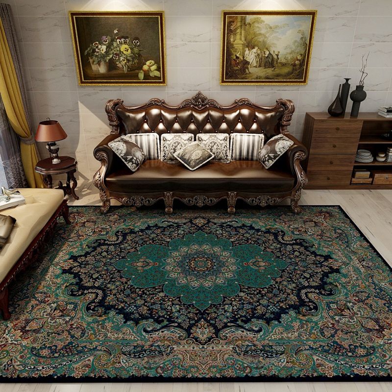 Oriental Floral Frame Rug Dark Color Polypropylene Rug Machine Washable Anti-Slip Backing Stain Resistant Area Carpet for Family Room