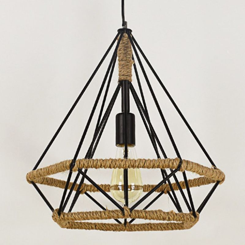 Rope Diamond Pendant Lighting Fixture Vintage Style Restaurant Hanging Pendant Light in Black