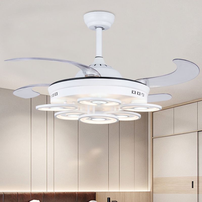 42" W White Floral Shape Fan Lighting Modernism Metal LED Bedroom 4 Blades Semi Flush Ceiling Light, Remote Control/Frequency Conversion and Remote Control