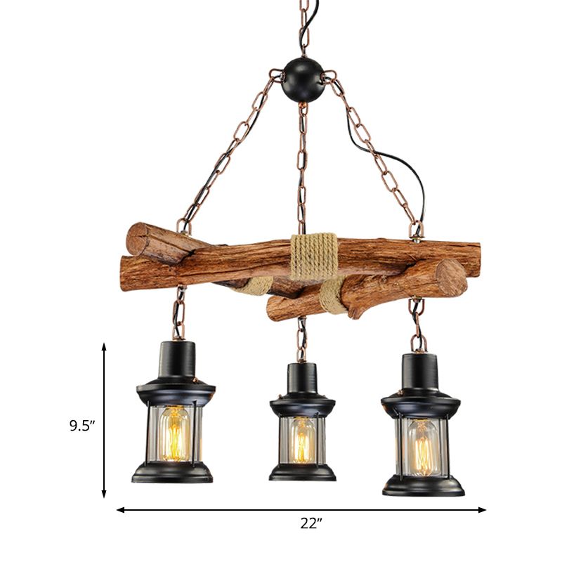 Clear Glass Lantern Chandelier Farmhouse 3 Lights Restaurant Ceiling Light Fixture in Black