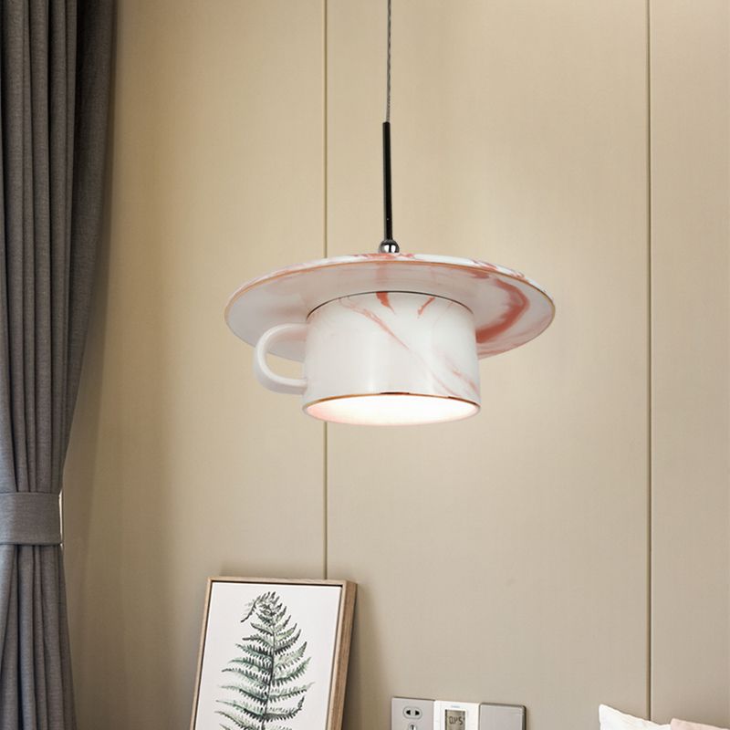 Pink Coffee Cup Pendant Ceiling Light Nordic 1-Bulb Ceramics LED Suspension Lamp for Restaurant