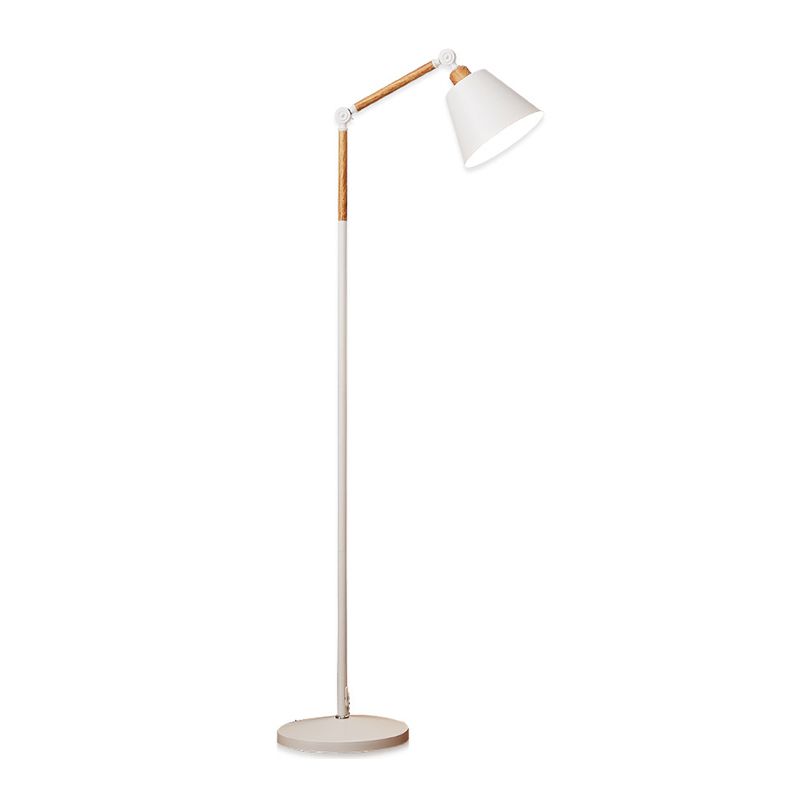 Nordic 1 Bulb Floor Lamp Wood Finish Swing Arm Reading Floor Light with Conical Metal Shade