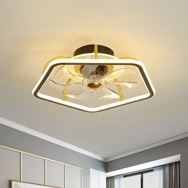 Pentagon Hanging Fan Light Contemporary Acrylic 19" W LED Bedroom Semi Flush Mount in Black/Gold, 7 Blades