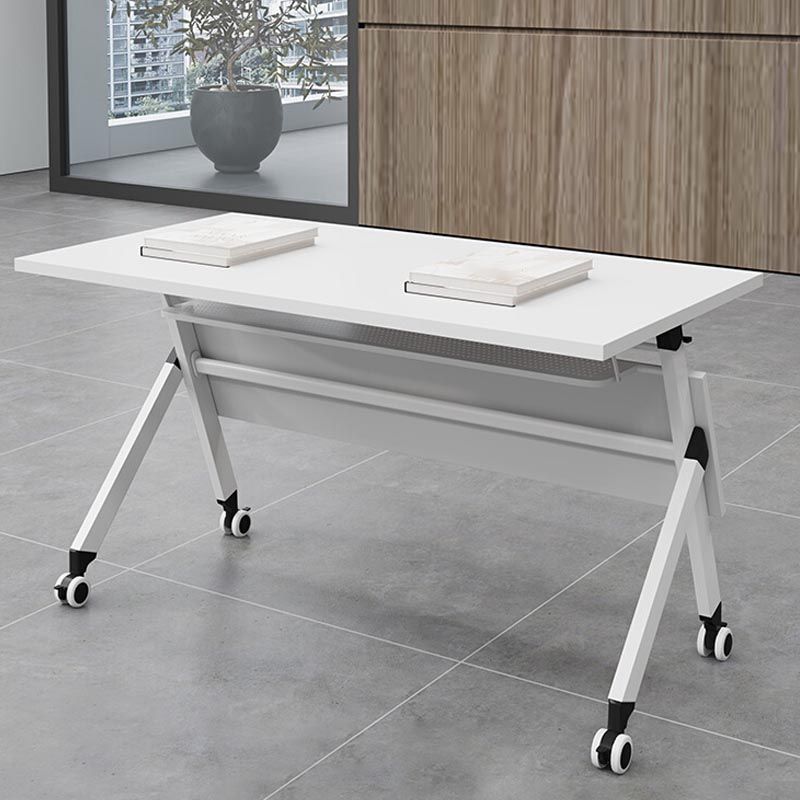 Rectangular Folding Writing Desk White Manufactured Wood Top Desk with Caster Wheels