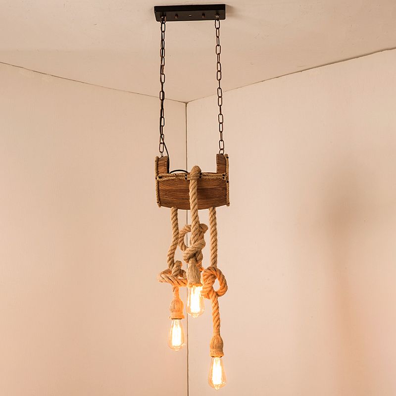 Bucket Restaurant Drop Pendant Factory Wood Beige Chandelier Light Fixture with Rope Cord