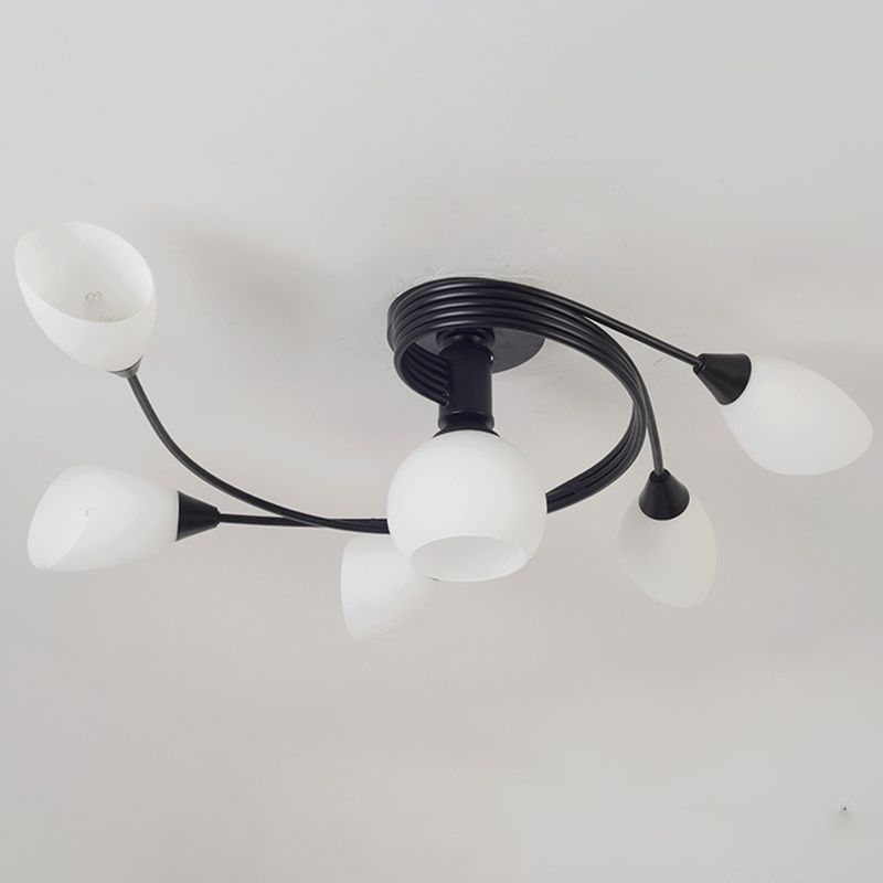 Modern Nordic Macaron Semi Flush Mount Wrought Iron Radial Ceiling Light with White Glass Shade