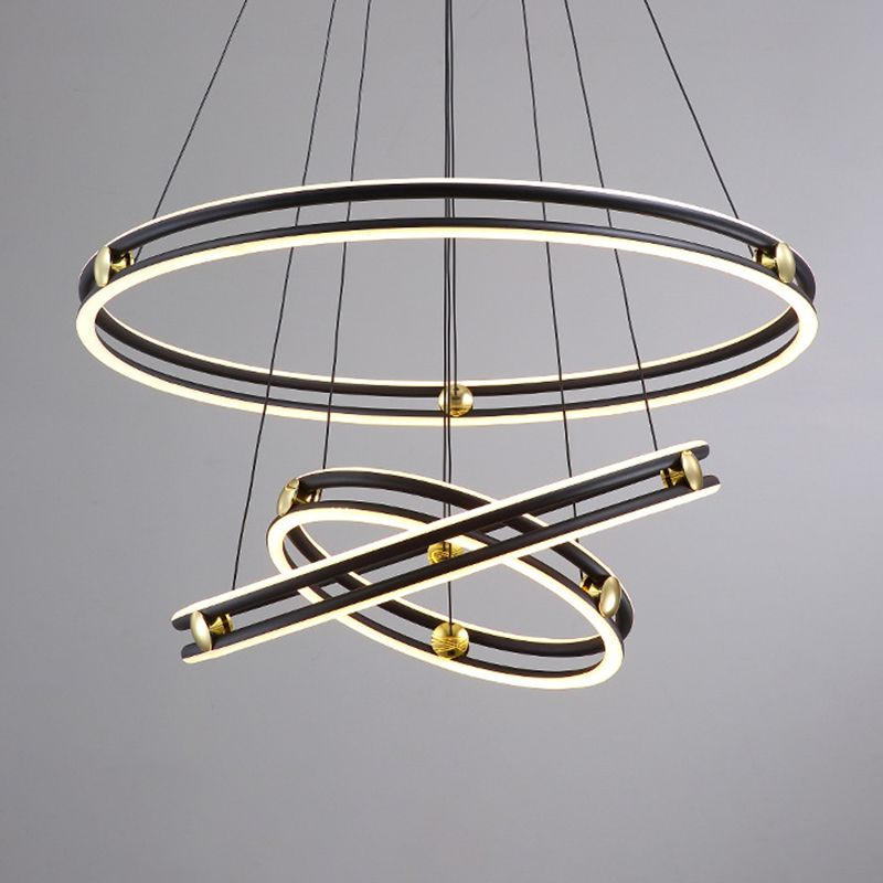 Hollow Ring Shape Hanging Chandelier Light Modern Multi Tiered Black Pendant Lamp with Frosted Silicone Shade