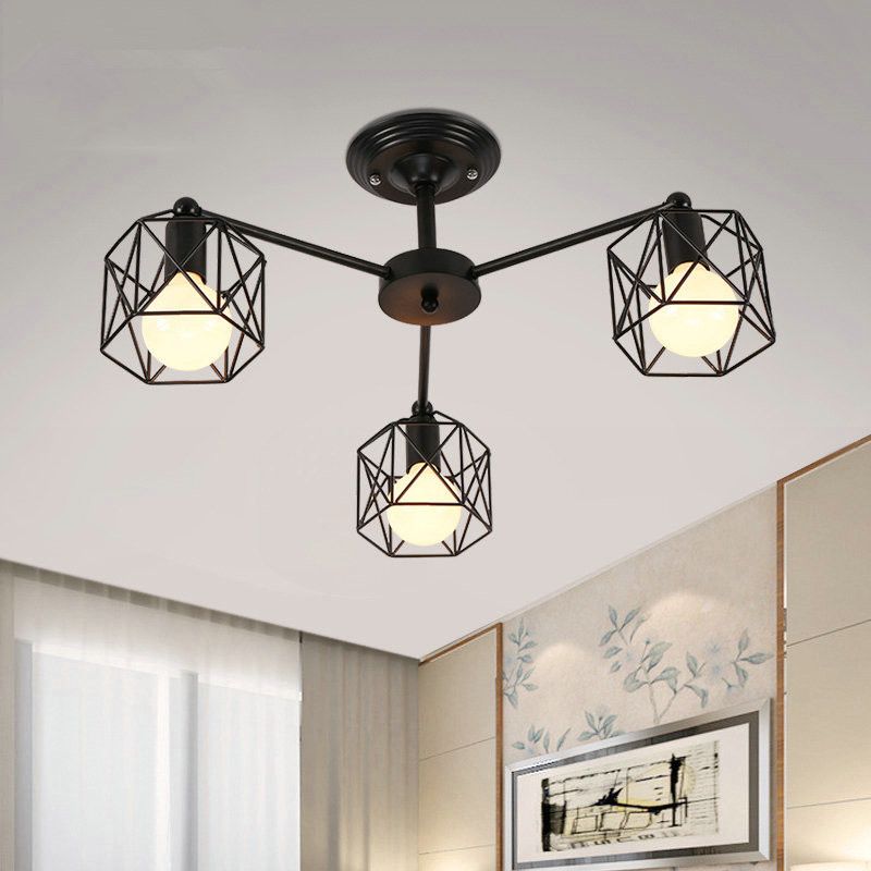 Metal Wire Black Ceiling Light Hexagon Cage Vintage Chandelier Lighting for Living Room