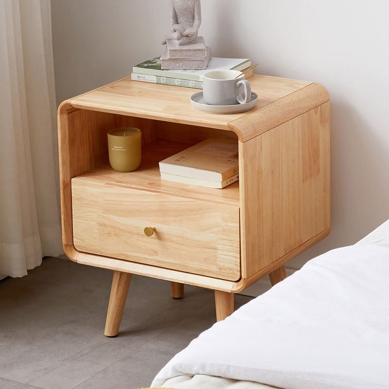 1 Drawer Solid Wood Nightstand 1 Shelf Modern Night Table with Legs ,20.9" Tall