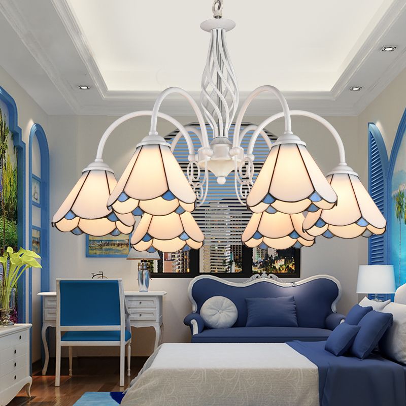 Living Room Chandelier Mediterranean Style White Suspension Lamp with Scalloped Cut Glass Shade