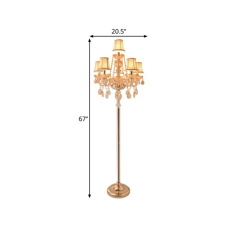 Candlestick Parlor Floor Reading Lamp Traditional Clear Crystal 5/6 Bulbs Gold Standing Light with White Shade