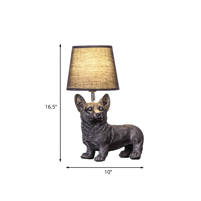 Sitting/Standing Dog Night Table Light Creative Resin 1 Head Black Table Lighting with Barrel Fabric Shade for Bedroom